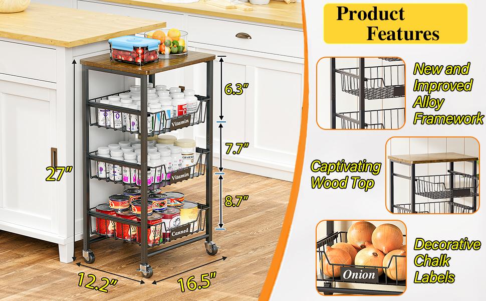 4-Tier Small Kitchen Storage Cart on Wheels, Metal Fruit Basket Stand with Pull-Out Baskets & Wood Top for Potato Onion Produce Snack Veggies
