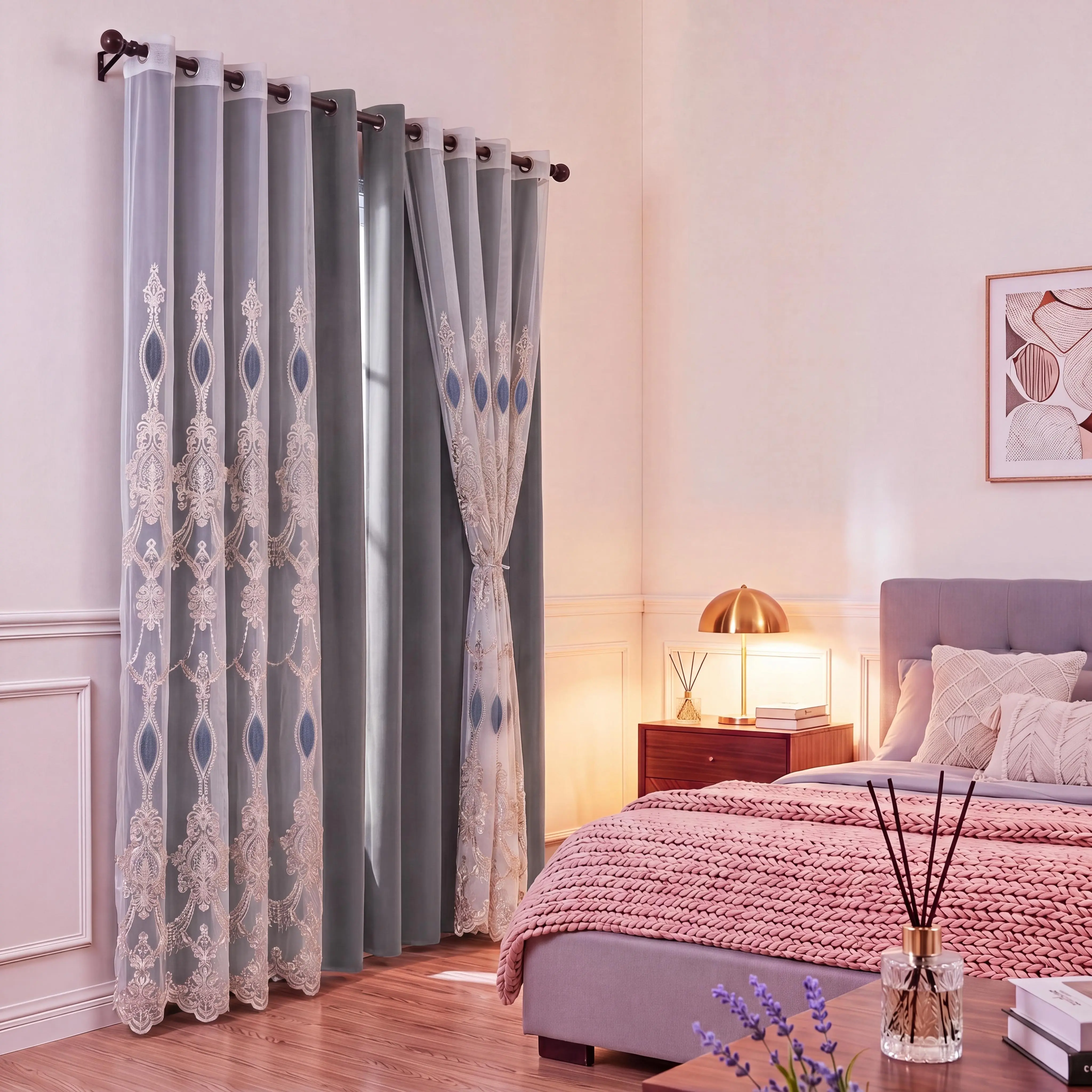 4 Panels Combination Grommets Curtains Including : 2 Panels 52x84 inch : Solid Blackout Curtains & 2 Panels  Luxuary Embroidery and Flocking Curtains  QF222 QF73 noise reduction