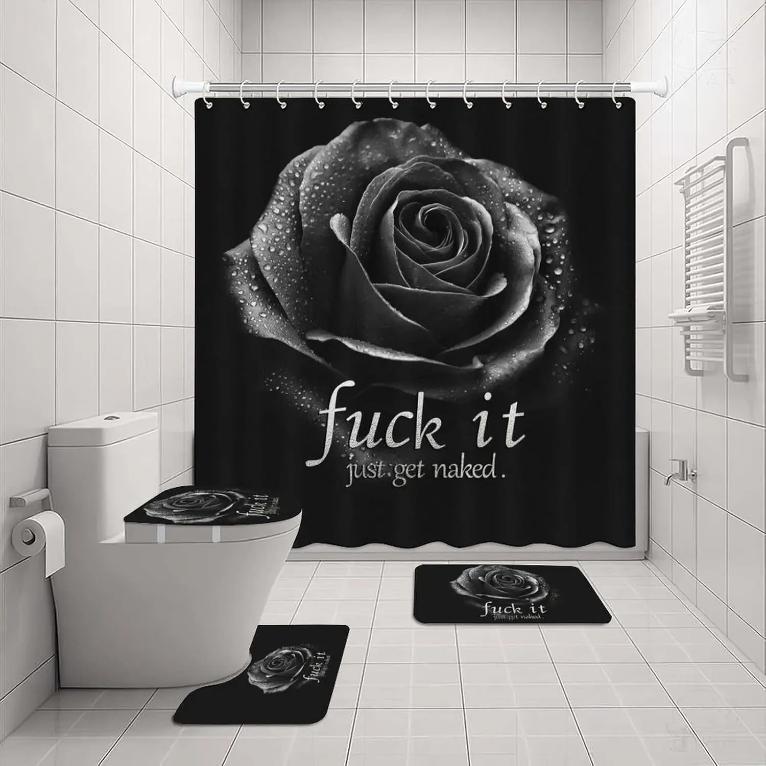 Flannel 4-Piece Complete Bathroom Decor Kit, Rose "Fuck It Get Naked" Black Waterproof Shower Curtain Set Pack with 12 Hooks, Non-Slip Rug, Toilet Lid Cover, Bath Mat Bathroom Curtains Shower Set Black And White Shower Curtain