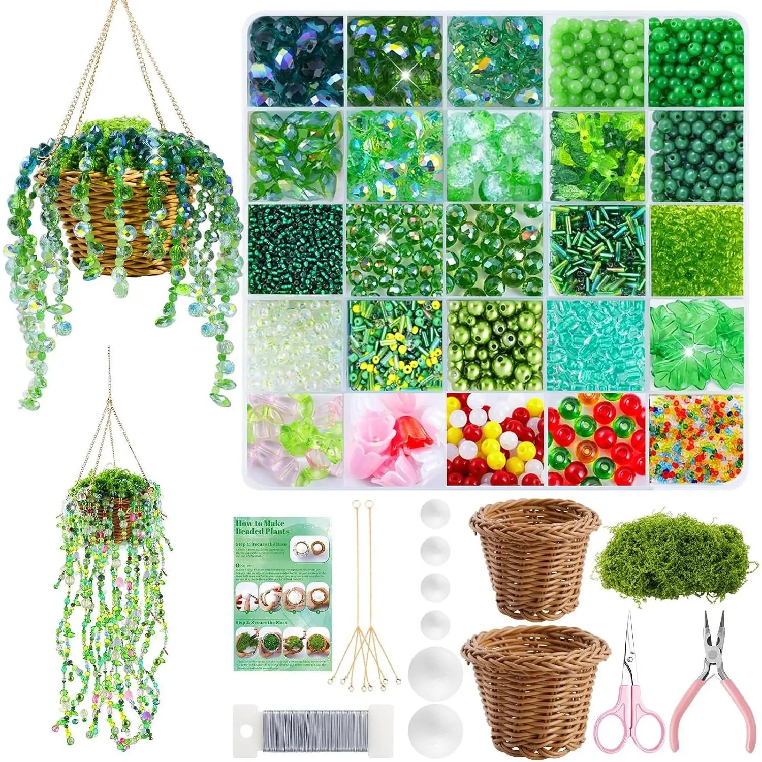 4074 Pcs Green Glass Beaded Plant Kit with Rattan Basket, Forever Plant Beaded Making Kit with Hanging Chain and Manual, Green Crystal Leaf Beads for Jewelry Making Beaded Plants