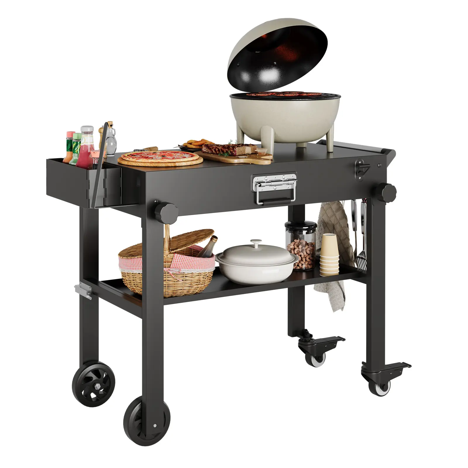Portable Collapsible Grill Cart with Wheels for Blackstone Griddle 17" & 22" – Outdoor BBQ Table & Prep Station, 300Lb Capacity, Bottom Storage Shelf, Seasoning Tray & Paper Towel Holder – Ideal for Camping, RV, Picnic