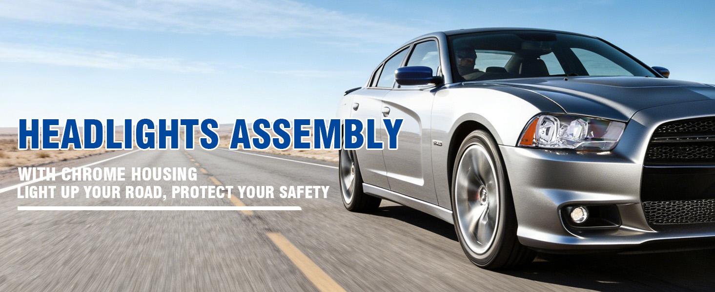 Headlight Assembly w/Bulbs Compatible with 2011-2014 Dodge Charger OE Halogen Headlamp Black Housing Amber Reflector Replacement Driver and Passenger Side