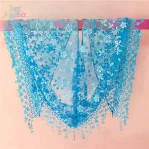 Floral Lace Triangle Headscarf, Sheer Blue Embroidered Mesh Shawl with Fringe Tassels, Lightweight and Stylish, Multi-Way Use as a Head Wrap, Neck Scarf, or Cover-Up, Ideal for Casual and Special Occasions