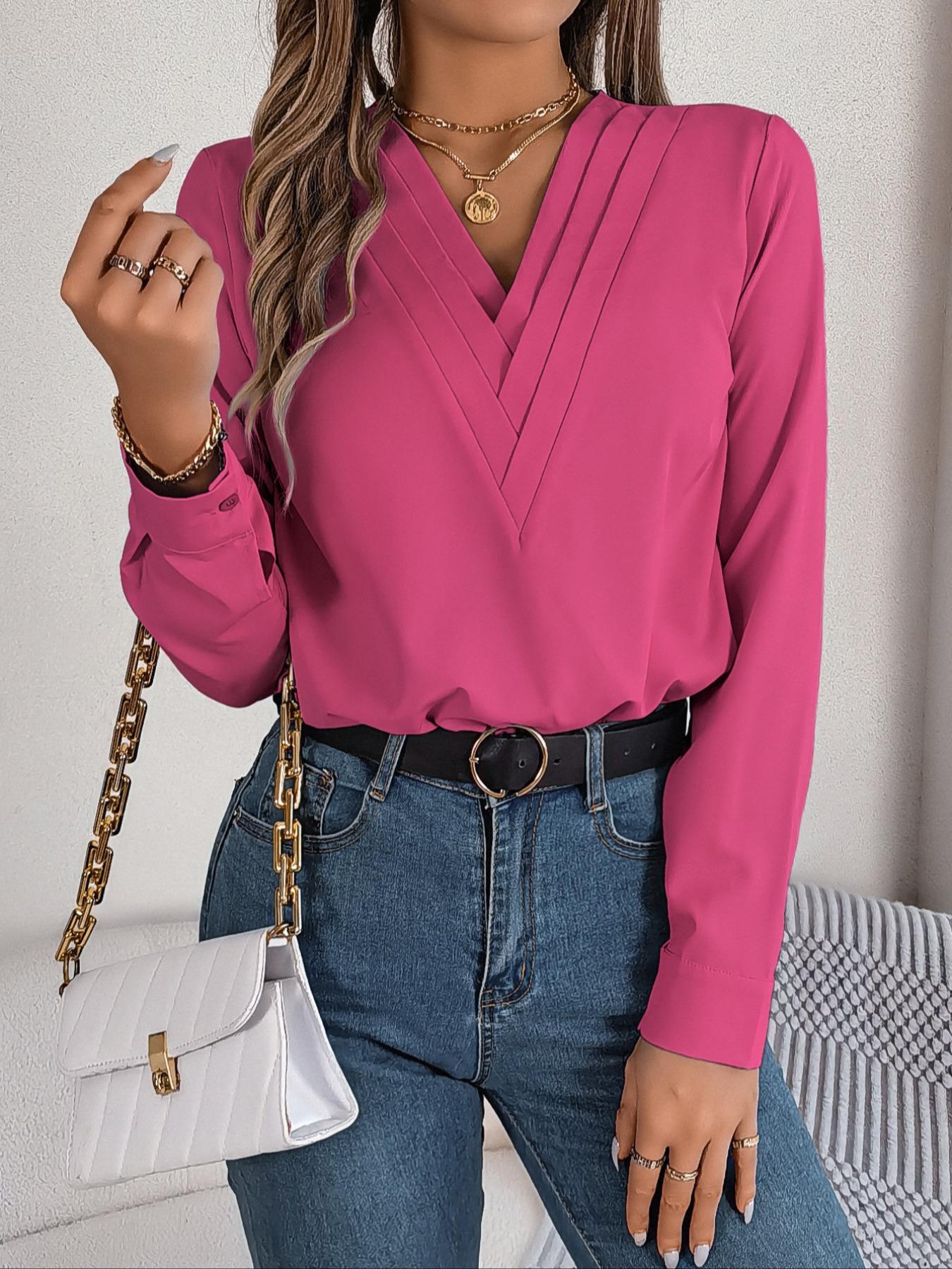 Women's Plain V Neck Blouse Elegant Long Sleeve Shirts Top for Spring & Fall, Ladies Clothes for Daily Wear, Fall Clothing Women, Comfort Womenswear, Going Out Tops, Casual Classy Top, Fall Clothes, Coquette Autumn Clothing