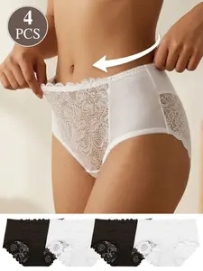 4-Pack Women's High-Waisted Floral Lace Underwear, Transparent Mesh Anti-Roll Panties, Breathable Soft Inner Wear for All Seasons