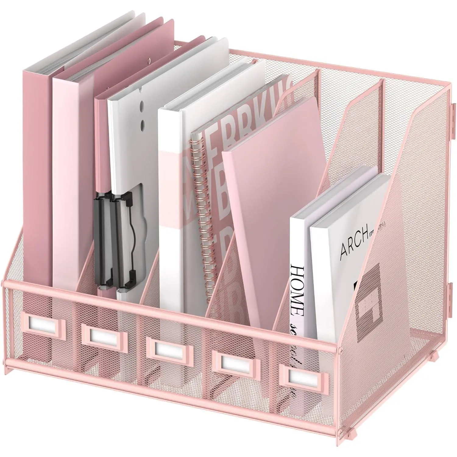 Metal Desk Organizers Magazine File Holder with 5 Vertical Compartments Rack File Organizer for Office Desktop, Classroom, Home Workspace, Pink