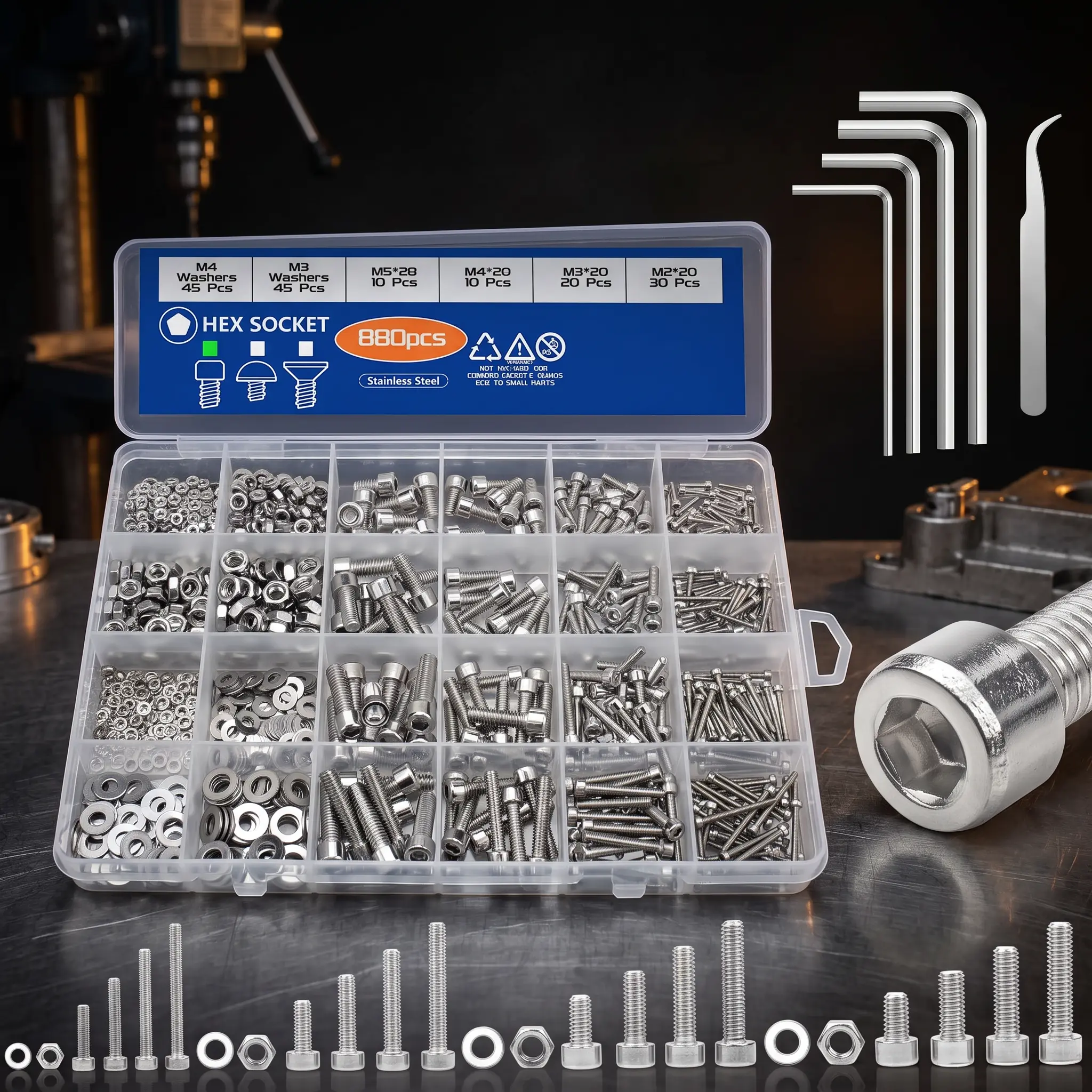 BODOUX  880Pcs 304 Stainless Steel Hex Socket Head Cap Screw Assortment Kit -  Nuts And Bolts Assortment Kit,M2, M3, M4, M5 Sizes, Flat Button Head Screws,Nuts, Washers, Nuts and Bolts Hardware Set,