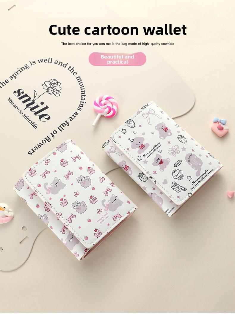 Strawberry Bear Print Wallet for Women Cute 3-Fold Short PU Leather Purse with Card Slots ID Window Portable Coin Purse for Everyday Carry