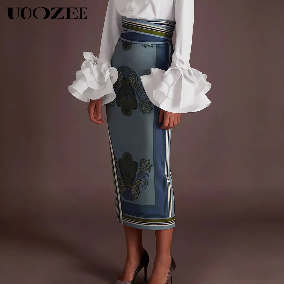 UOOZEE Women's Vintage Paisley Silky Satin Midi Pencil Skirt, High Waist with Elastic Back for Business Casual Day Wear, Smooth, Polyester, Chic, Fabric, Fit, Striped, Smocked