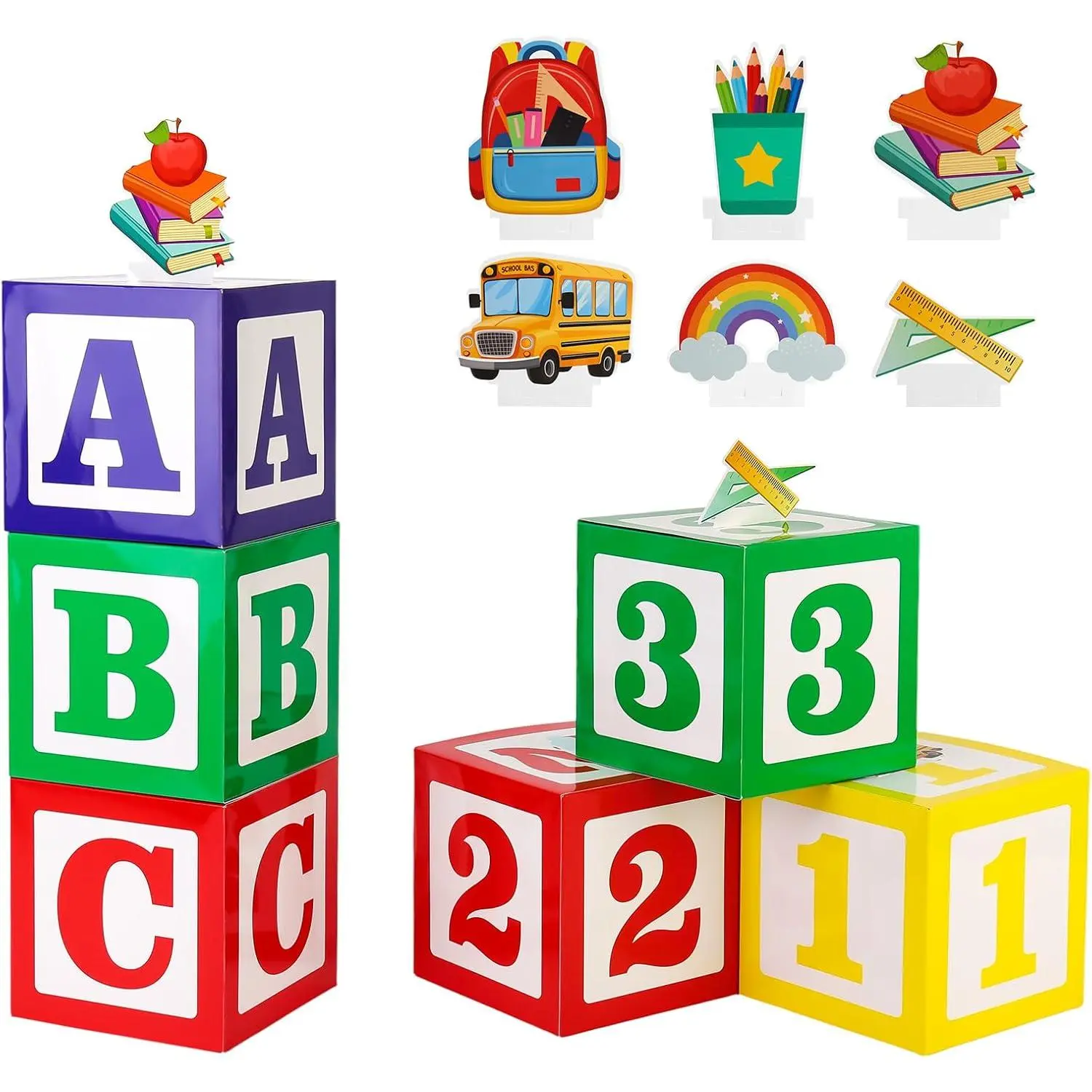 Ovveroche 6 Pcs ABC 123 Decorations 30 x 30 cm Alphabet ABC 123 Balloon Box Friend Street Back to School Birthday Party Decor for School Graduation Birthday New Year Party Decor