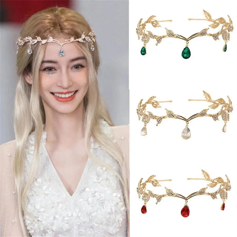 Women's Luxury Romantic Leaf Motif Crystal Crown Band - Female Alloy Bridal Accessory with Teardrop Forehead Pendant, Elegant Design for Wedding, Ceremony, Engagement Hair Headpieces