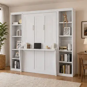 ARCH Queen Size Murphy Bed with Desk and Bookshelf, White Solid Wood MDF Wall Bed with Storage Shelves, No Box Spring Needed, Space Saving Folding Bed for Bedroom, Home Office, Guest Room, Queen Size Options, White Color Options, Color: White