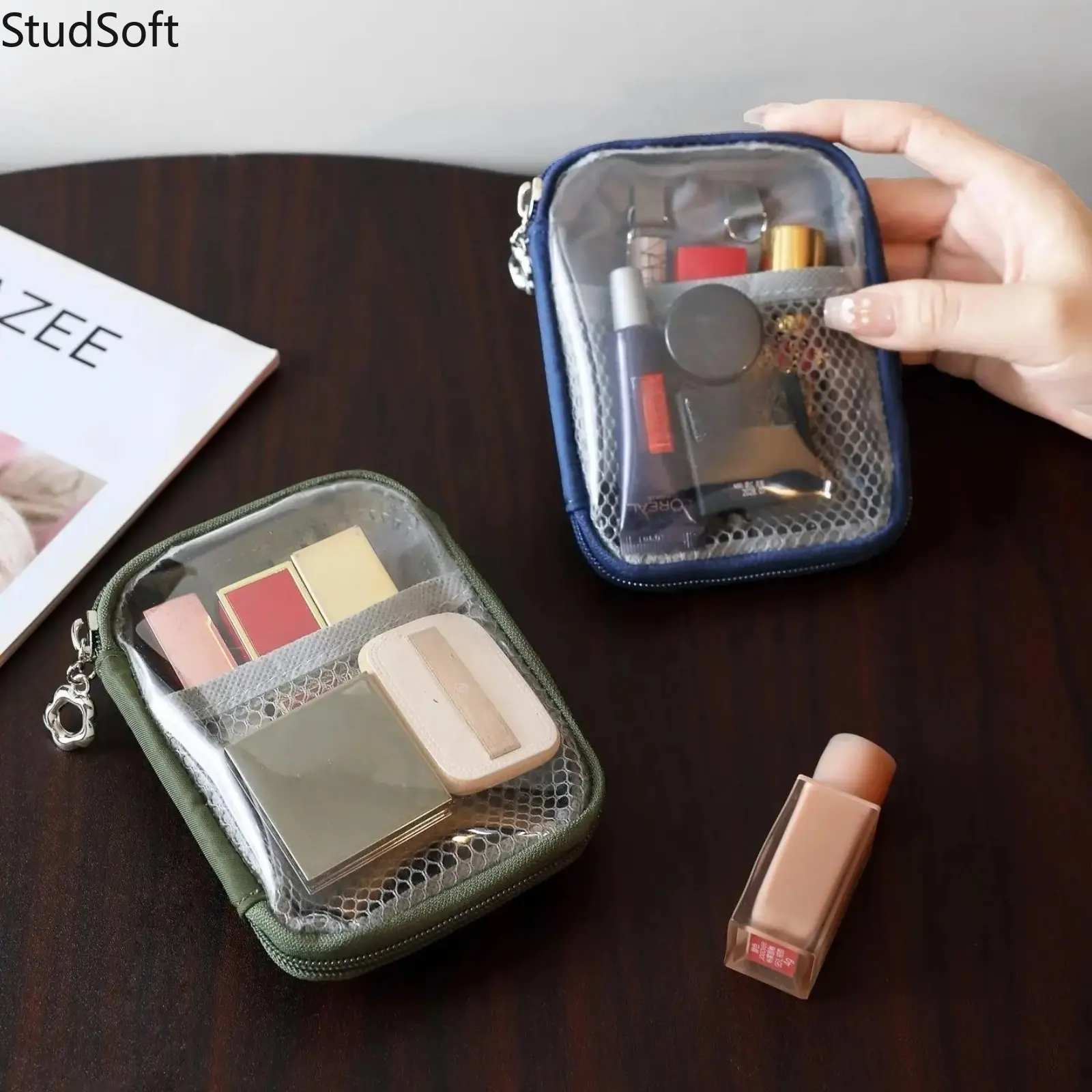 Mini Makeup Bag with Partitions Portable Cosmetic Organizer Zippered Lipstick Pouch Aesthetic Toiletry Purse Airplane Travel Gift for Women