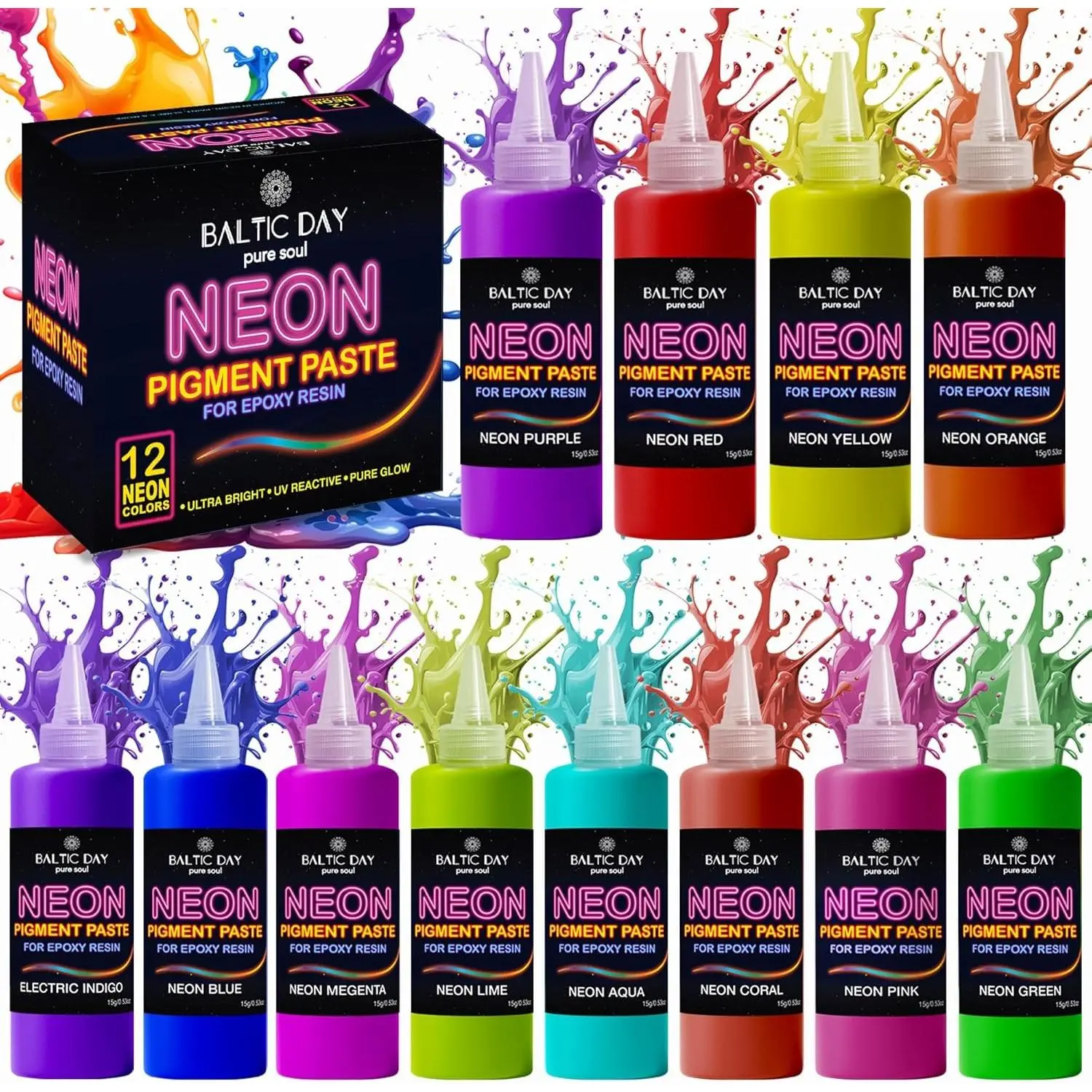Neon Pigment Paste for Epoxy Resin – 12 Ultra-Bright Colors (15g) | Mica Powder Paste Dye – High-Gloss, Easy Mix for UV Resin, Epoxy Art & Deep Pour Projects