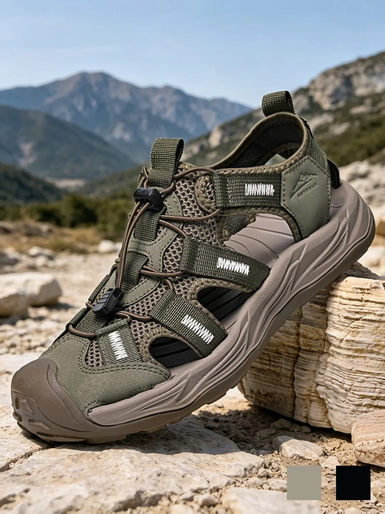 Men's Closed Toe Sandals Non-Slip Wide Width Breathable Elastic Laces Mesh Hiking Trail Sandals Closed Toe Flat Hiking water shoes Athletic Outdoor Walking Sandals Summer Army Green Black Fabric Mesh for Hiking Travel Beach Big Size 9.5-11 Durable Sandals