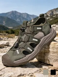 Men's Closed Toe Sandals Non-Slip Wide Width Breathable Elastic Laces Mesh Hiking Trail Sandals Closed Toe Flat Hiking water shoes Athletic Sport Sandals Outdoor Summer Army Green Black Fabric Mesh for Hiking Travel Beach Big Size 9.5-11