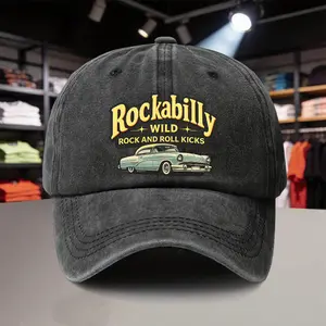 1 Rockabilly WILD Rock and Roll Kicks Printed Adjustable Baseball Cap, Unisex Outdoor Sports Style, an Ideal Gift for Music Festivals, Vintage Parties, and Rock Concerts, a Must-have for Racing Team Fans, a Fashionable Trend Item