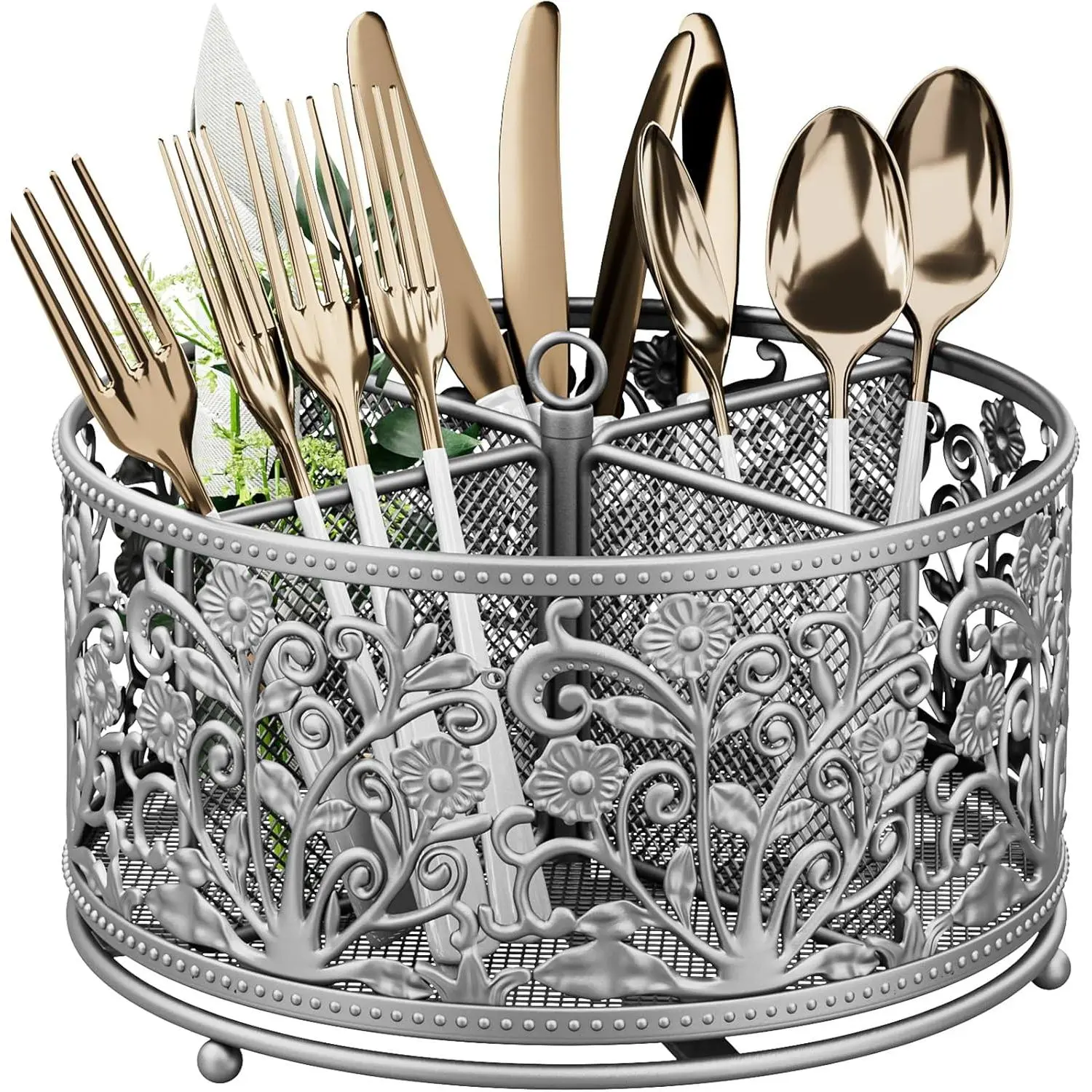 360-Degree Rotation Metal Body Utensil Caddy with 4 Compartments - Kitchen Storage Accessory, Countertop Flatware Organizer with Handle (Silver), 360° Rotation