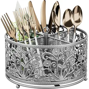 360 °   Rotating Utensil Caddy - Silverware Cutlery Caddy Holder with 4 Compartment, Metal Flatware Organizer Countertop with Handle for Party Camping Picnic, Kitchen Counter, Office (Silver)