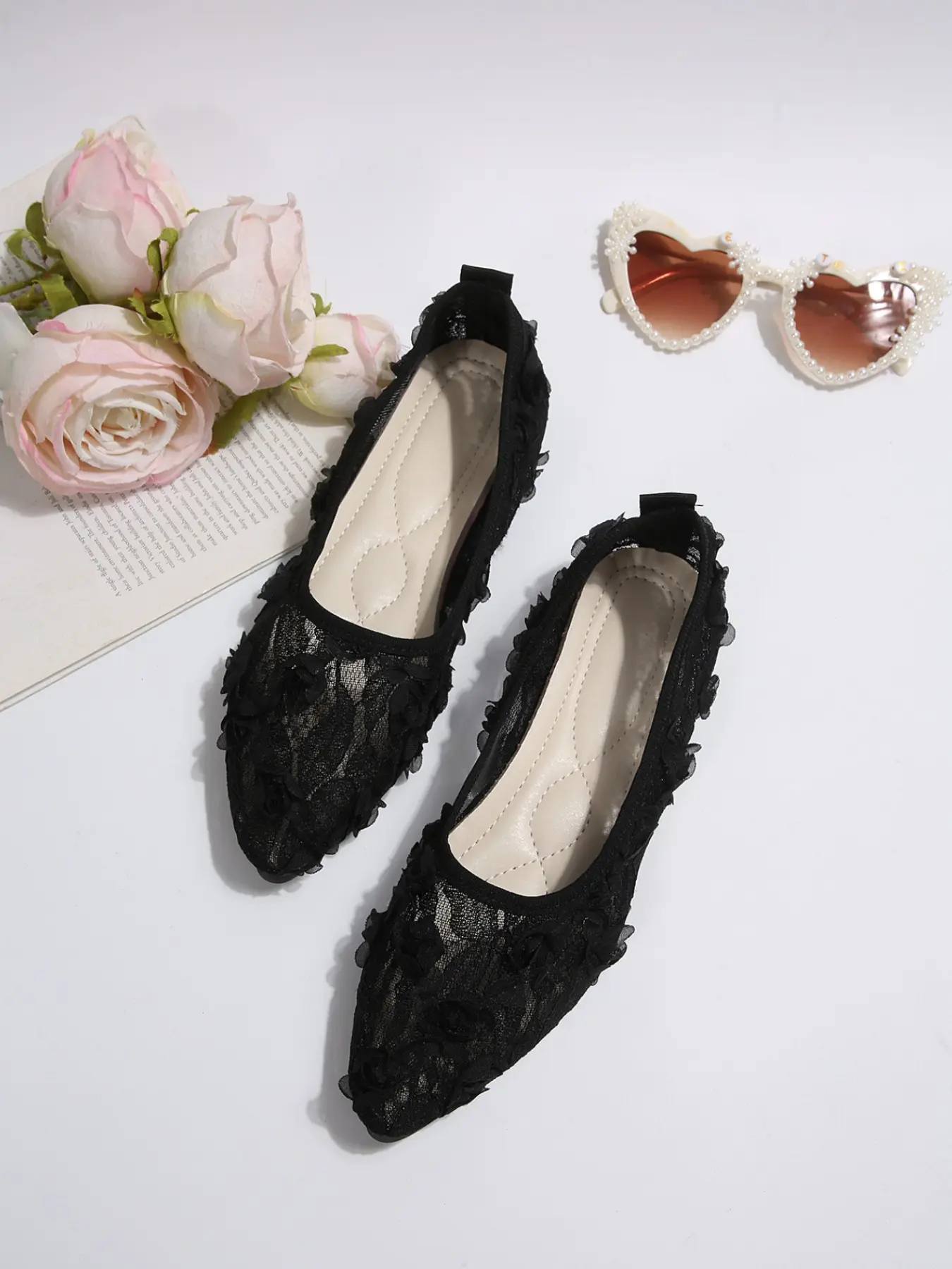 Women's Breathable Sheer Lace 3D Floral Rose Applique Pointed Toe Slip On Flat Ballet Flats Non Slip Cloud Cushioned Arch Support All Day Walking Wedding Bridal Date Vacation Casual Footwear Off White Pure White Pink Black Four Romantic Soft Tones