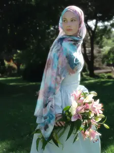 Watercolor Gradient Chiffon Muslim Long Headscarf, Lightweight Breathable Printed Hijab, Vacation Sun Protection Large Shawl, Soft Gradual Scarf