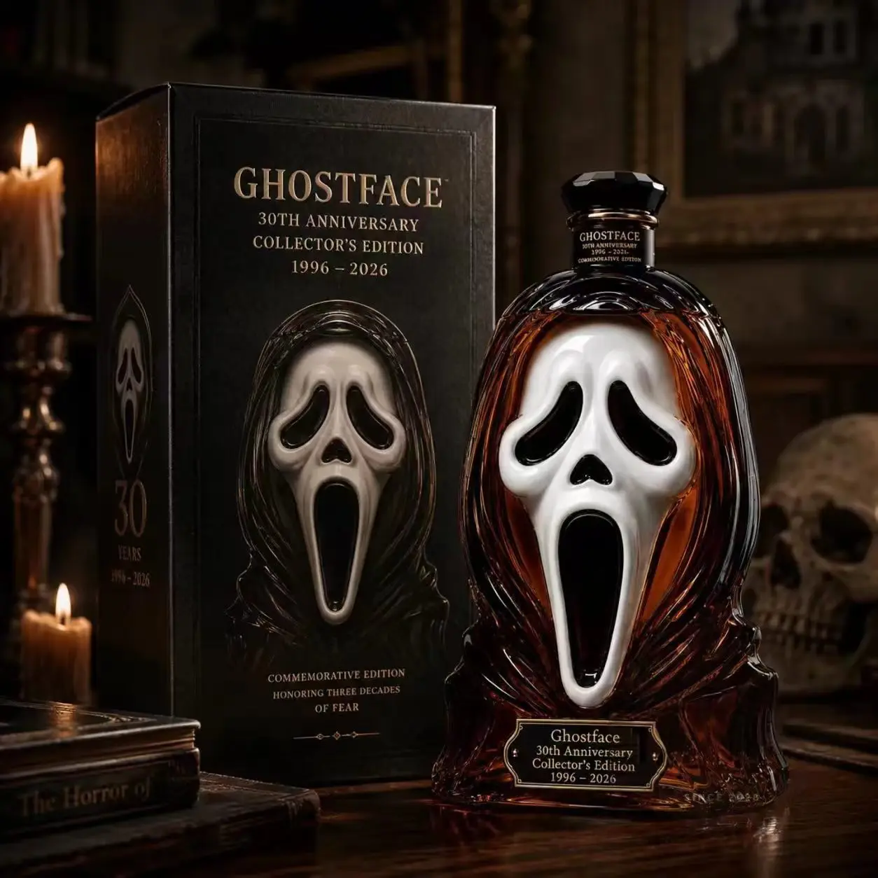 American Horror Element Limited Edition Ghostface 30th Anniversary Edition Whiskey Bottle 3D Embossed Collectible Flask Horror Movie Merchandise Halloween Decorative Ornament Drinkware