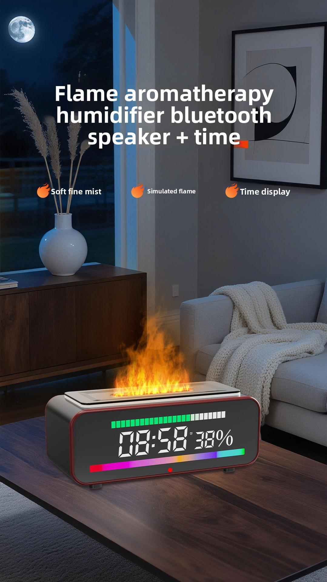 Aroma Diffuser Simulated Flame Fireplace Bluetooth Speaker Humidifier Aromatherapy Machine Home Clock Alarm Clock Diffuser