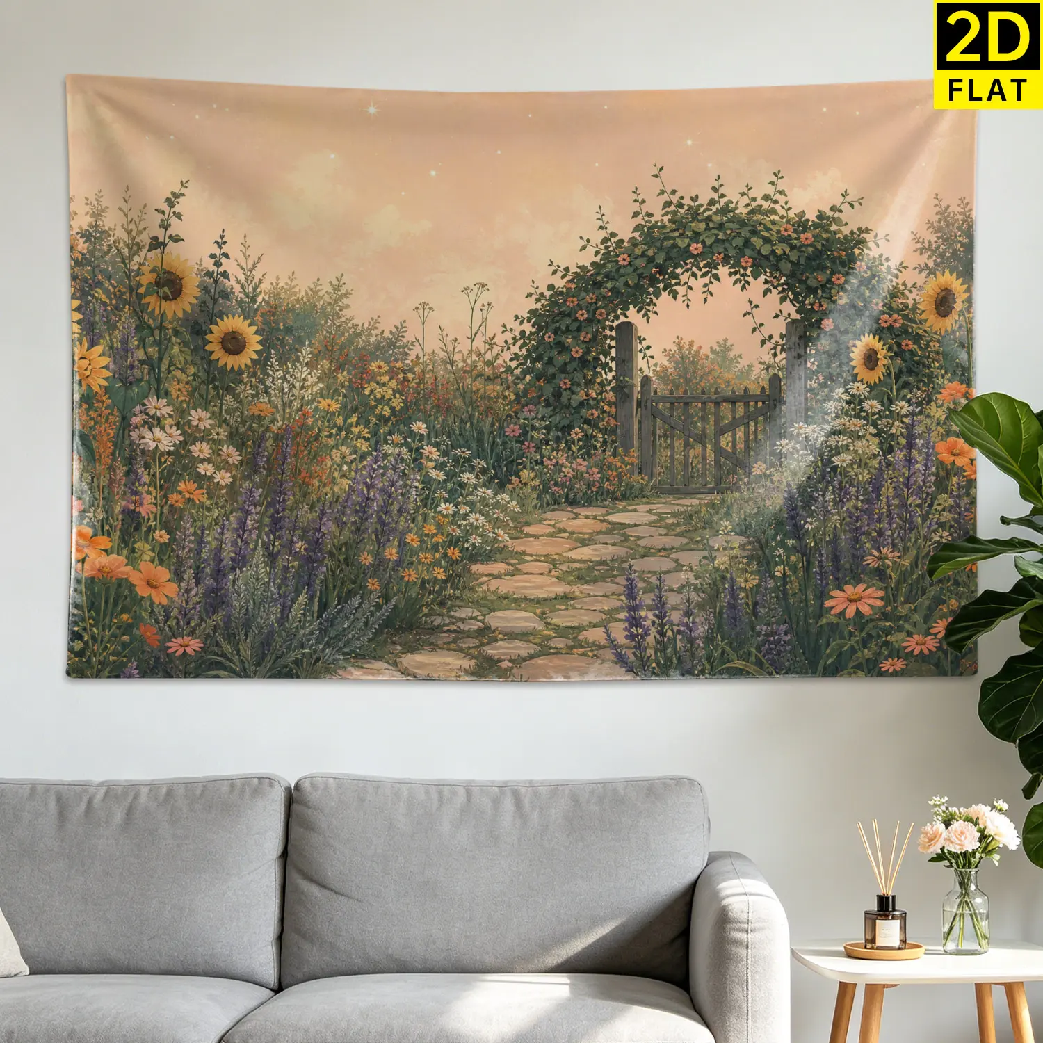Large Printed Horizontal Sunflower Garden Archway Floral Scenery Tapestry - Polyester Wall Hanging Decor, Artwork for Living Room, Bedroom, No Installation Required, Indoor-Outdoor Room Decor Gift for Family