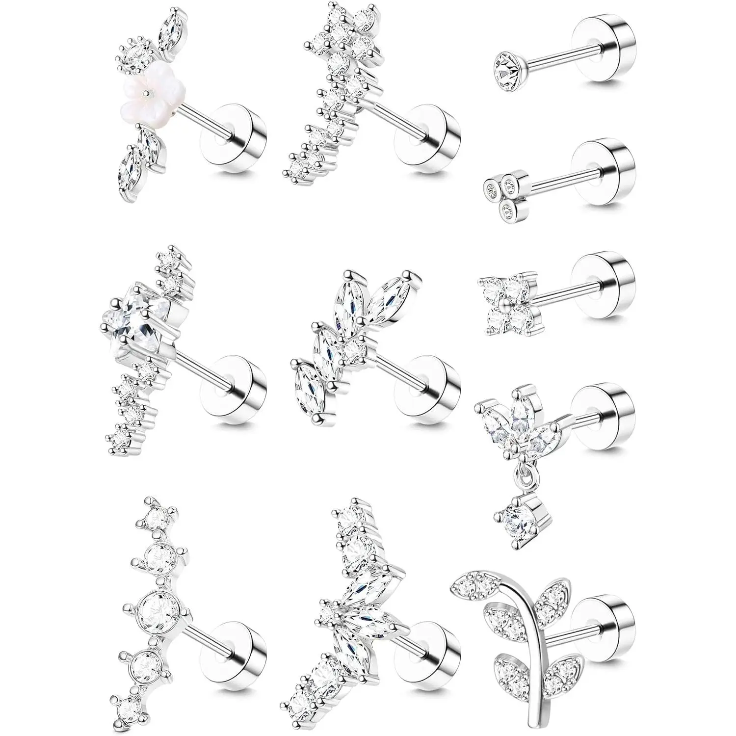 Stainless Steel 16G Flat  Cartilage Conch Helix Earrings for Women |  CZ Flatback Stud Earrings Stacks, Daith Tragus Helix Cartilage  , 14K  //Rose