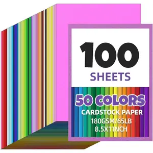 100 Sheets 8.5 x 11 Colored Cardstock, Assorted 50 Colors 180GSM/65LB Multicolor Construction Paper for DIY Crafts, School Supplies, Party Decorations (Mix color 100Pcs)