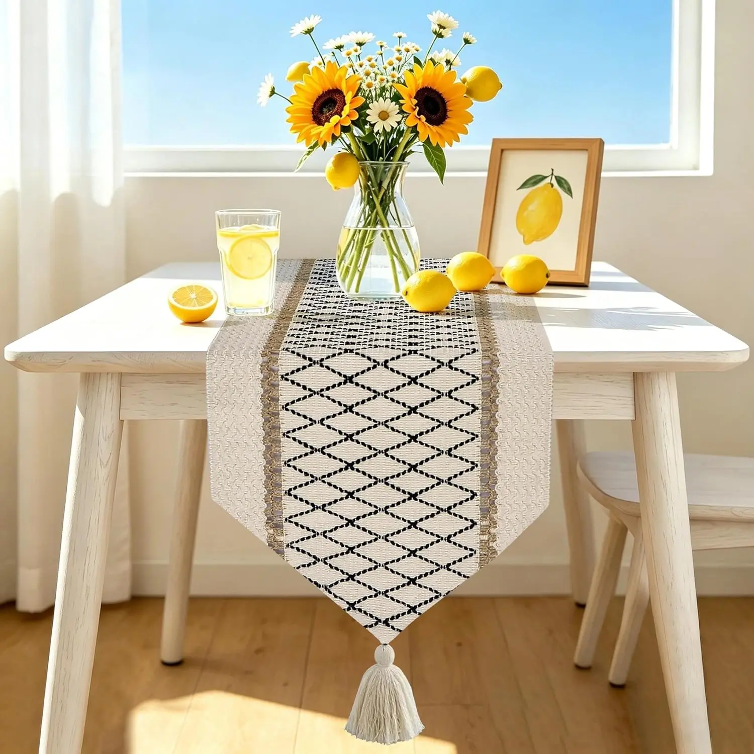Boho Table Runner Triangular End 12 * 46 Inches, Coffee Table Runner with Tassels, Macrame Dresser Runners Scarf for Bedroom, Nightstand,  Spring Table Decor