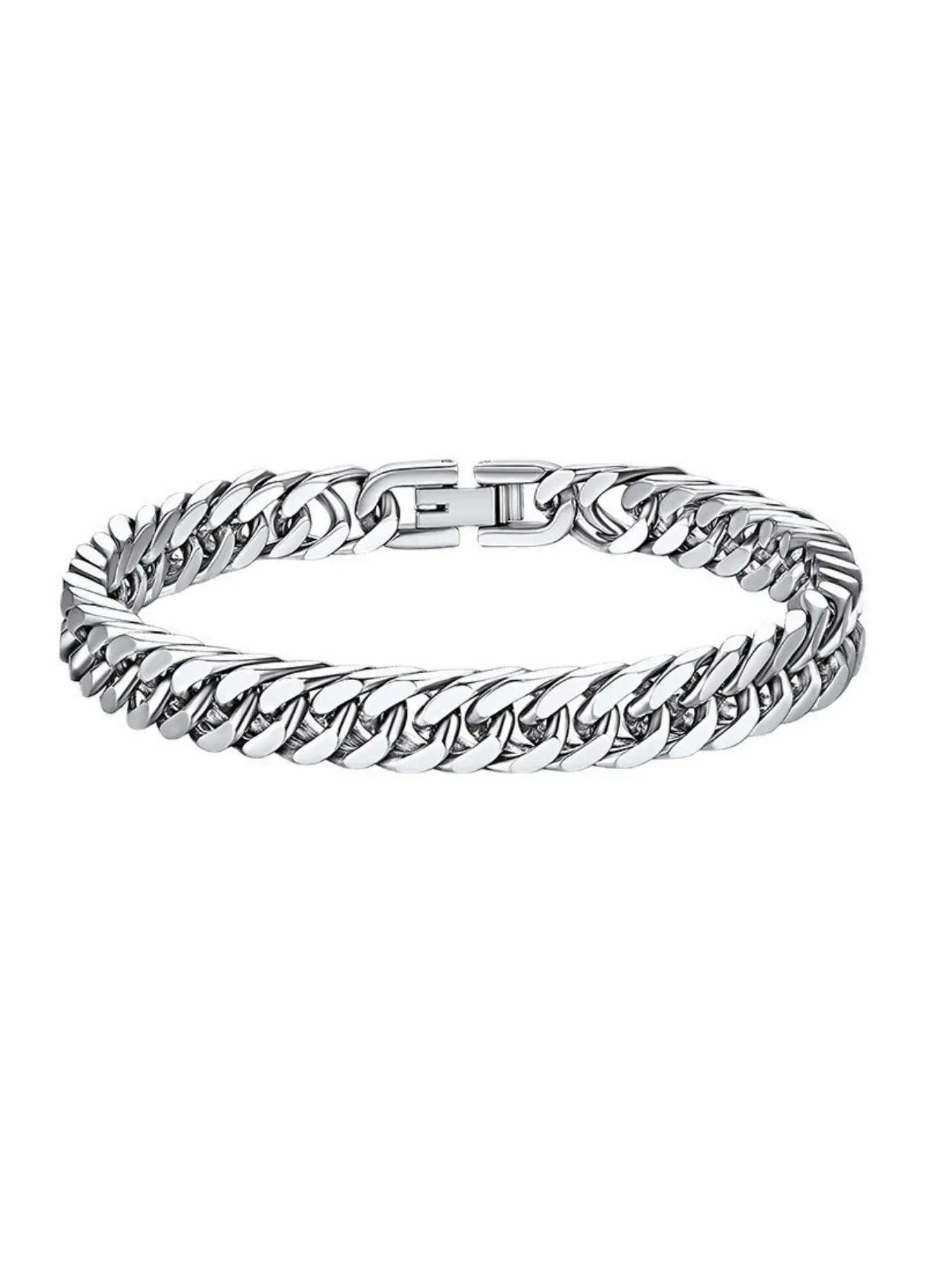 Classic Curb Chain Bracelet Silver Tone Stainless Steel Cuban Link Bracelets, Sturdy Easy Clasp Design, Waterproof Daily Wear Wrist Jewelry, Birthday Christmas Gift for Him