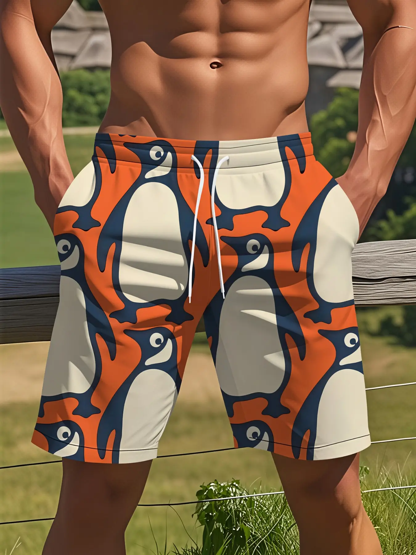 Cartoon Penguin Print Men's Beach Shorts, Lightweight Drawstring Loose Pockets, Adult Summer Vacation Casual Wear, Above Knee Length