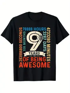 180g Vintage Birthday T-Shirt for Kids, Soft Breathable Short Sleeve Top, Unisex, Cartoon Pattern, Medium Length, All Seasons