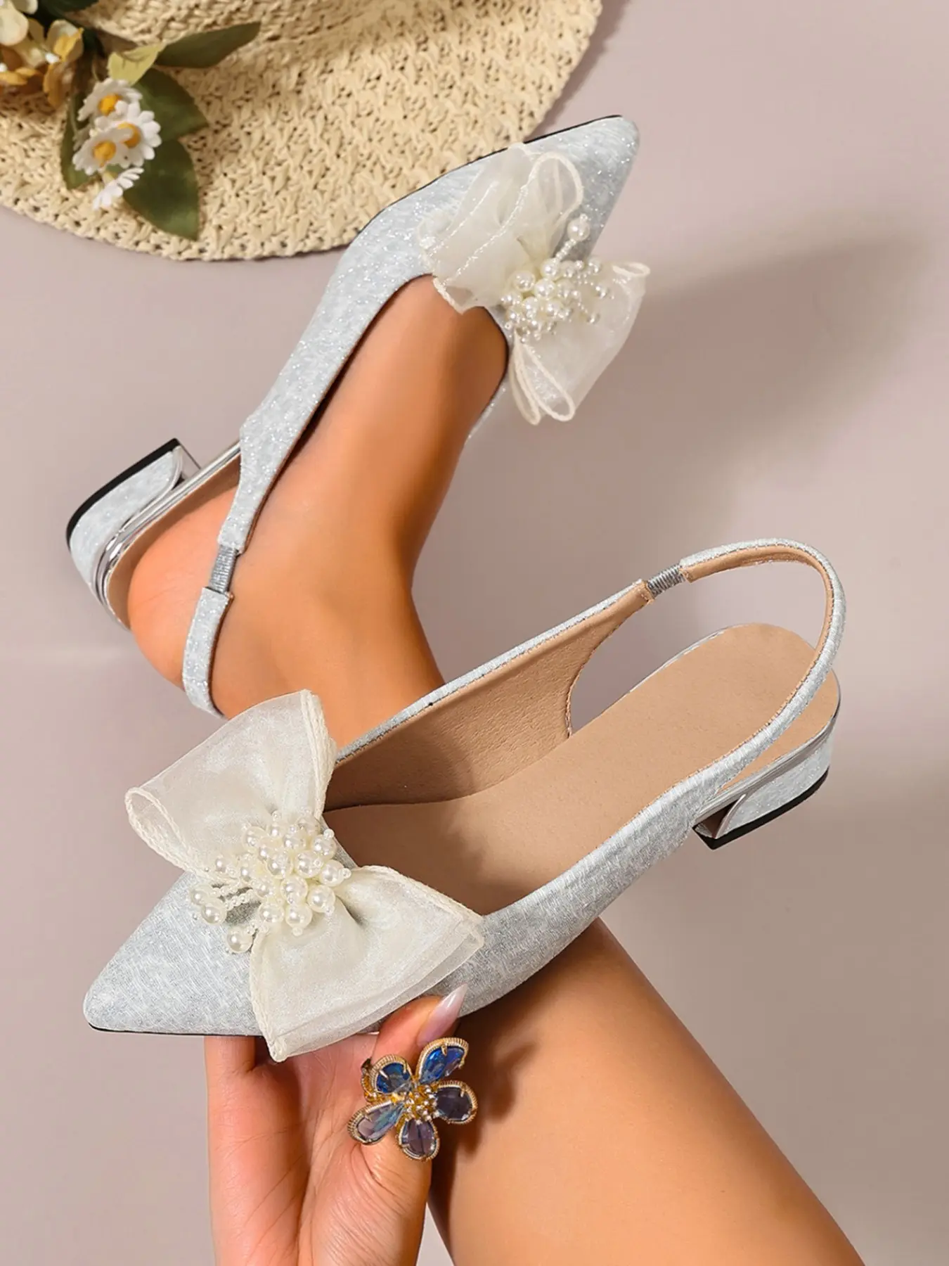 Women's Pointed Toe Low Heel Sandals, Mesh Pearl Butterfly Wedding Back Strap Sandals, Elastic Back Straps, Silver Color Metal Heels, Comfortable Insole, Embellished Sandals