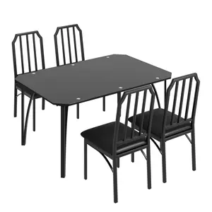 Modern 3/5-Piece Dining Table Set – Black Glass Top, 2/4 Upholstered Chairs, Space-Saving Compact Design, Chamfered Edges, Comfortable Kitchen & Dining Room Furniture