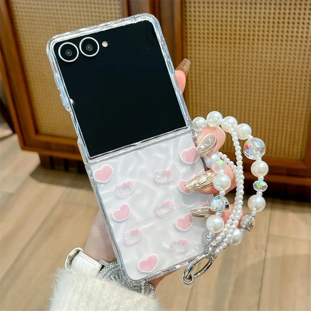 Korean Cute Hellokitty Phone case for Samsung Galaxy Z Flip7 8 Flip 8 7 6 5 4 3 5G Flip6 7FE Cover With Chain Clear Fashion Case