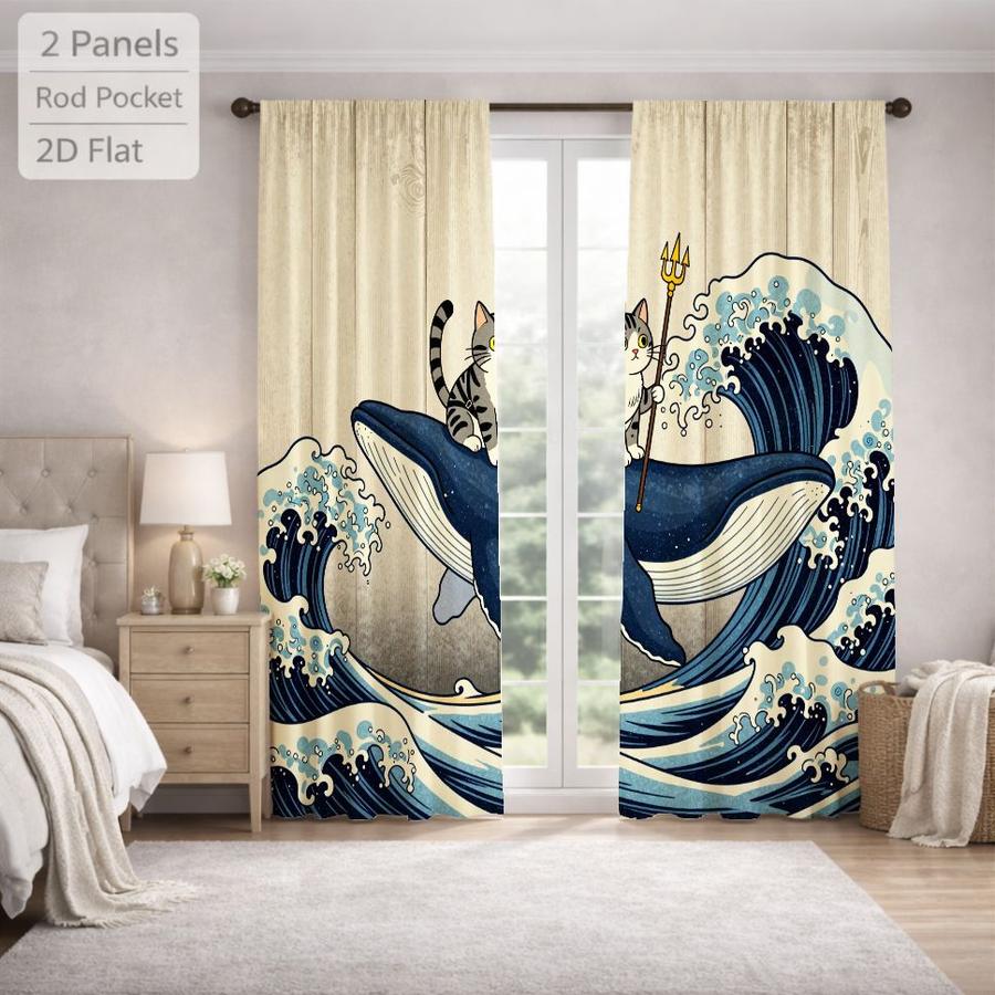 2Pcs Japanese Style Cat Whale Wave Pattern Sun Blocking Curtains Digital Printed Rod Pocket for Bedroom Office Kitchen Living Room Study Home Decor Soft Light Filter Easy Installation