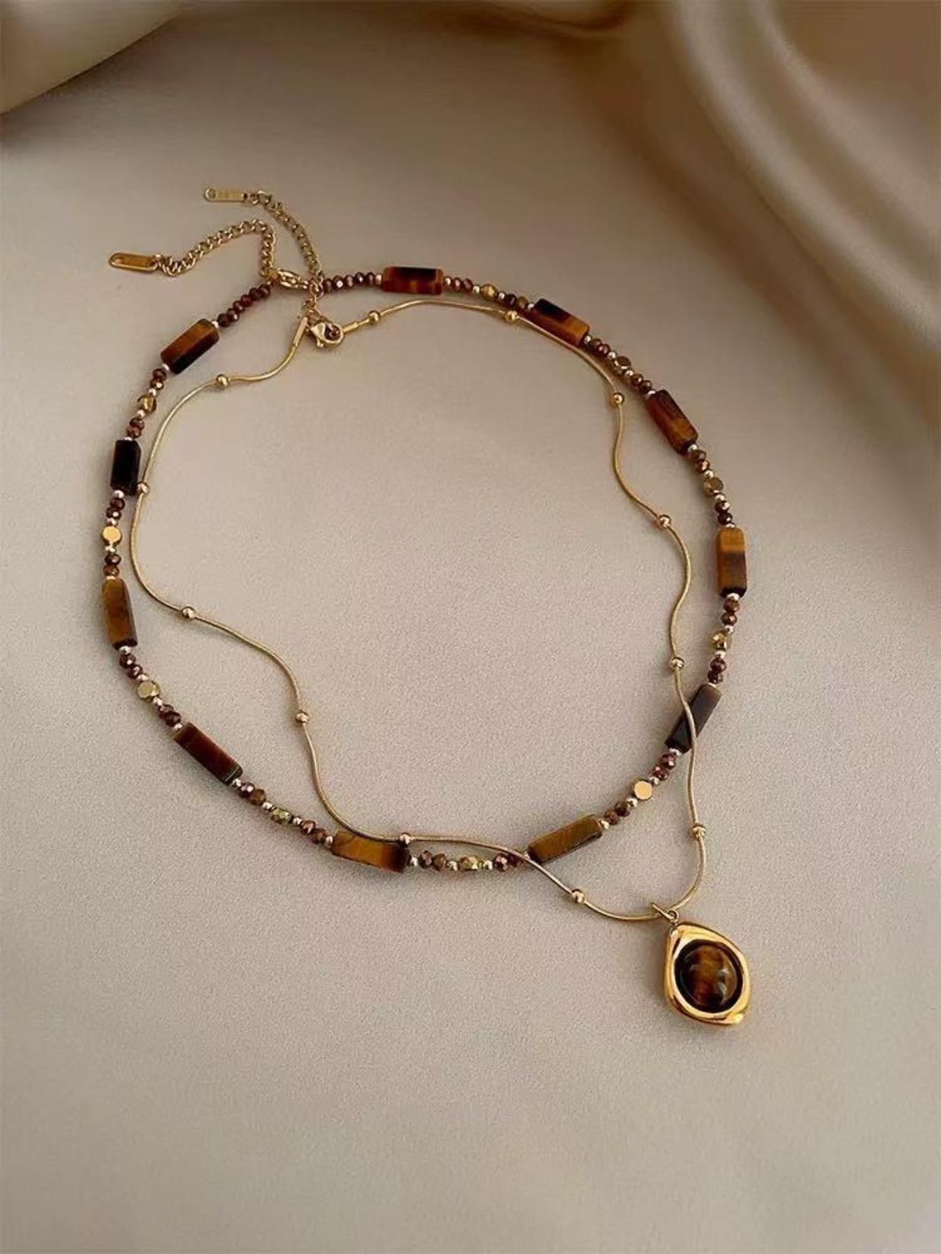 Women's Stainless Steel Necklace Set, Vintage Artificial Tiger's Eye Stone Pendant Jewelry, Artificial Gemstone Necklace for Daily Wear & Gifts, Layered Necklaces, Fashion Accessory Necklace, Fashion Necklace (The color of the stone is random)