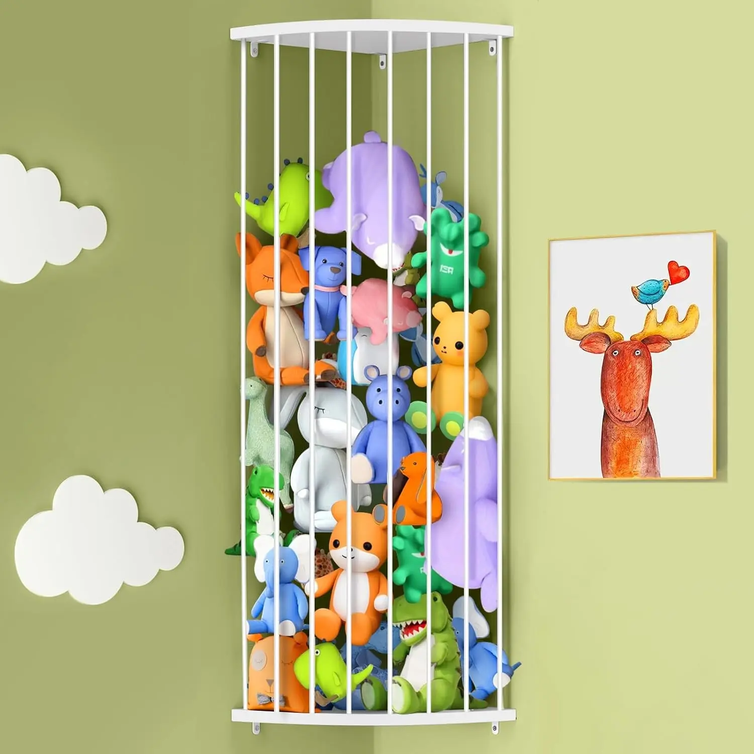 Corner Stuffed Animal Storage Shelf Sleek White - Adjustable Height (44"-71") | Durable Hanging Stuffed Animal Toy Plush Organizer for Modern Nursery, Kids' Bedroom & Playroom