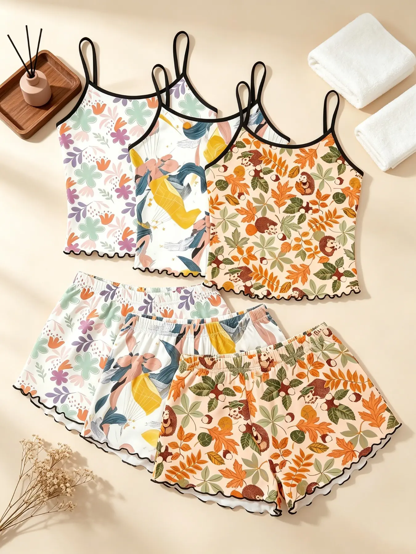 Women's Sleepwear 3 Piece Matching Bundle Woodland Cottagecore Aesthetic Hedgehog Floral Fairy Print Summer Rustic Cozy Style Spaghetti Strap Lettuce Ruffle Hem Contrast Trim Silky Breathable Lightweight Cami Short Pant Set Home Sleepover Lounge Wear