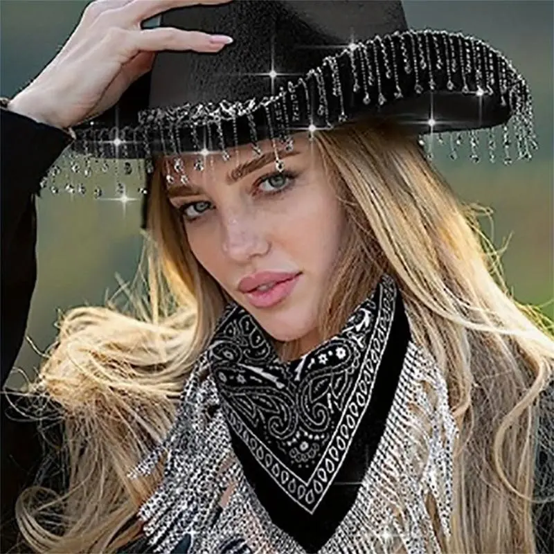 Wide Brim Cowgirl Hats and Paisley Bandana Glitter Rhinestone Pendant Western Style Sombreros for Men Women