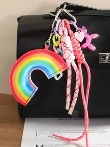 Rainbow Leather Keychain with Balloon Dog Chain, Dot Braided Rope, Heart Lobster Clasp, Perfect for Bags, Keys, AirPods, Graduation Gift