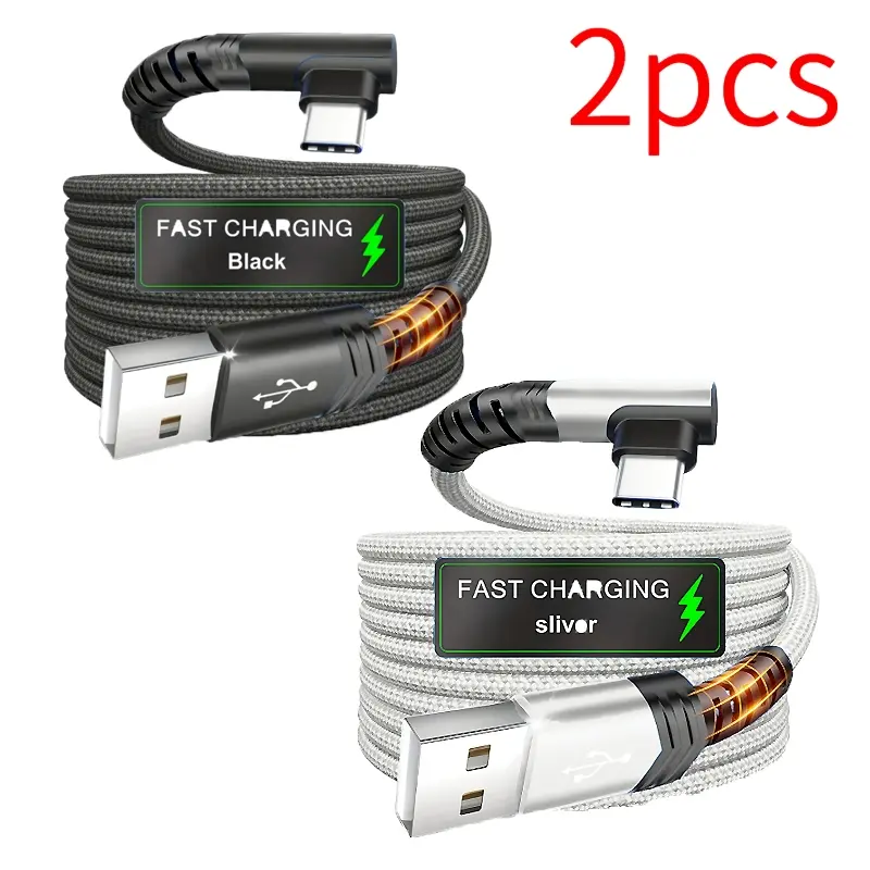 1/2pcs Durable Nylon Braided Right Angle Type-C Charging Cable 2 Meter Length, 90 Elbow Design Avoid Cord Blocking Hand Operation, Black Silver Options For Mobile Game Daily Charging