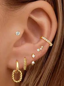 6Pcs Elegant 24K Gold Plated Cubic Zirconia Hoop Earrings Set For Women Zircon Stud Earrings Pack Drop Dangle Earrings Stack