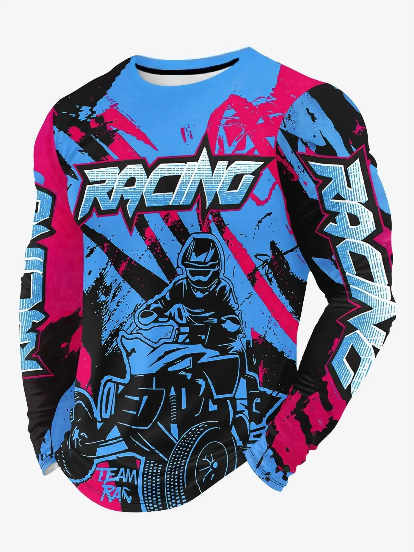 Men Long Sleeve Quick Dry Athletic Tee Graffiti Off Road Vehicle Print Crew Neck Racing Style Top Lightweight Breathable Sport Shirt Athletic Tops For Motocross Outdoor Activity Daily Training Casual Wear.