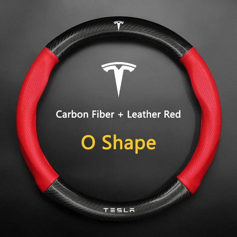 38cm High Quality Car Anti-Slip Steering Wheel Cover Carbon Fiber Leather Booster Cover For Tesla Cybertruck Beast Roadster Model 3 Model Y Model S Model X Accessories