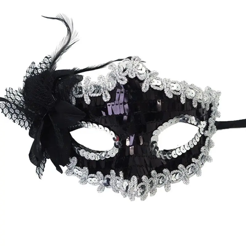Half Face Sexy Mask Venetian Masquerade Tiara Feather Rhinestones Eye Mask Exquisite Lace Mask Women Carnival Party Decoration