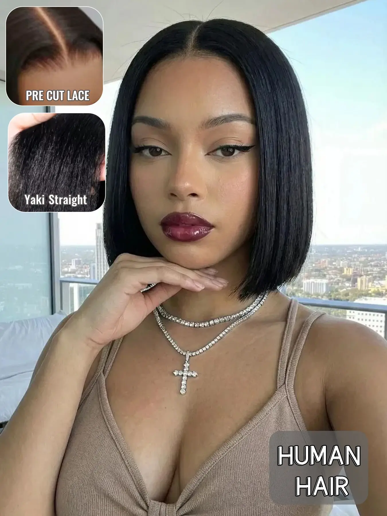 Human Hair Yaki Straight Bob Wig, 10 Inch Short Straight Style, 4x4 Glueless Lace Closure Design, Natural Middle Part Look, Soft Full Hair Texture, Comfortable Cap for Women, Short Bob Wigs