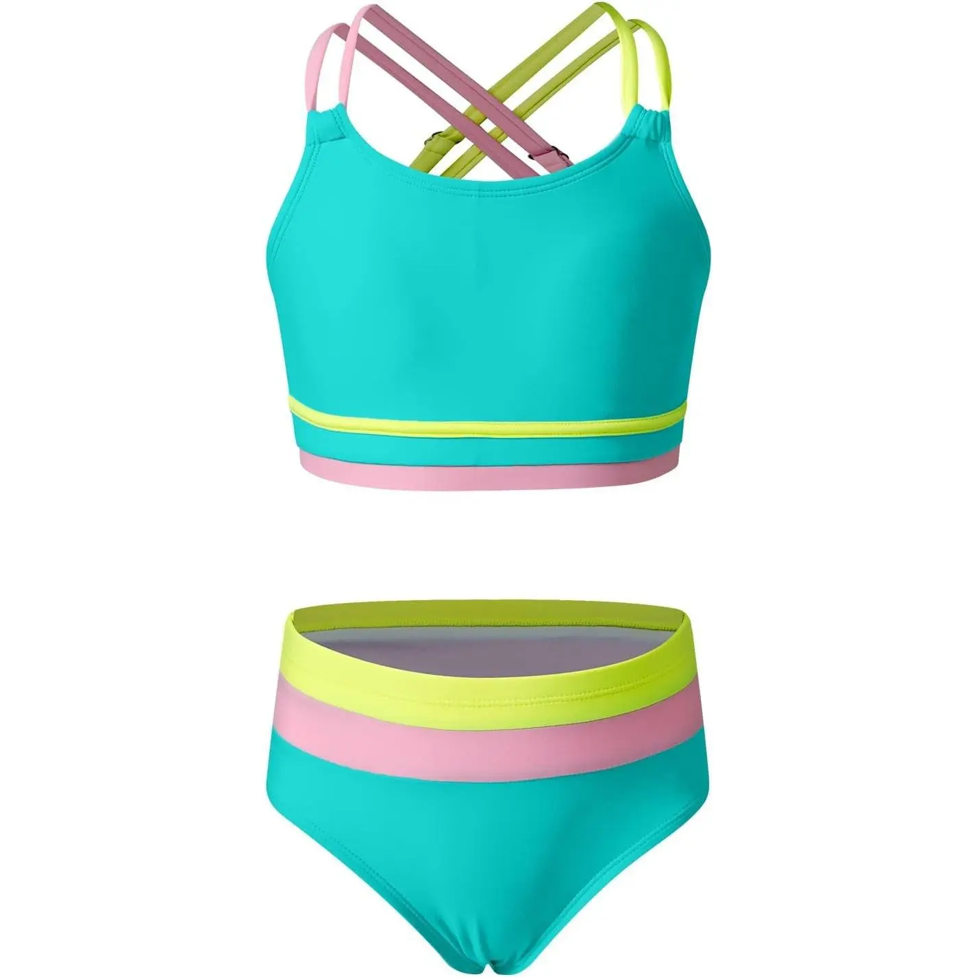 Tween Girls Swimsuits 2 Piece Color Block Bikini Sets with Chest Pad Size 6-15 Years